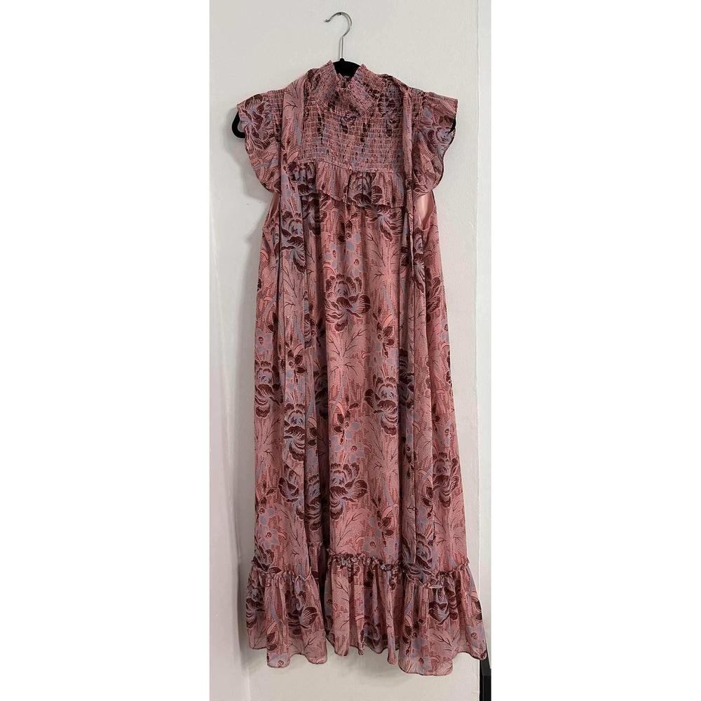 Cottagecore Pink Floral Smocked high neck flutter sleeve Ruffled Hem woman 12